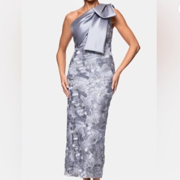 Betsy & Adam Crystal Soutache One Shoulder Bow Trim Sheath Evening Gown 16 NWT - Picture 1 of 12